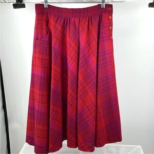 Vintage 80s Liz Claiborne Purple Red 100% Wool Plaid Midi Skirt USA Size 14